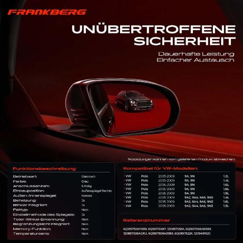 Frankberg 1x Außenspiegel Rechts für VW Polo 9A 9N 9A2 9A4 9A6 9N2 2005-2009 Bild Frankberg 1x Außenspiegel Rechts für VW Polo 9A 9N 9A2 9A4 9A6 9N2 2005-2009