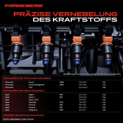 Frankberg 4x Einspritzventil Einspritzdüse für Chevrolet Cruze Opel Astra J Corsa D 1.4L Bild Frankberg 4x Einspritzventil Einspritzdüse für Chevrolet Cruze Opel Astra J Corsa D 1.4L