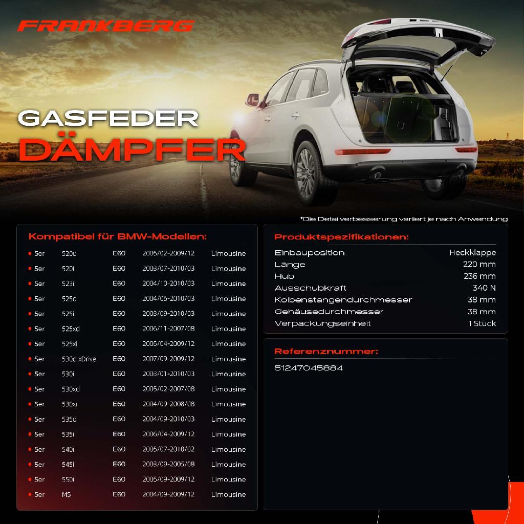 1x Gasfeder Dämpfer Heckklappe für BMW 5er E60 Limousine 2003-2010