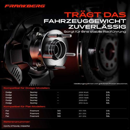 Frankberg 1x Radnabe Radlagersatz Hinterachse beidseitig für Dodge Journey Fiat Freemont 2.0L 2.4L Bj ab 2008 Bild Frankberg 1x Radnabe Radlagersatz Hinterachse beidseitig für Dodge Journey Fiat Freemont 2.0L 2.4L Bj ab 2008