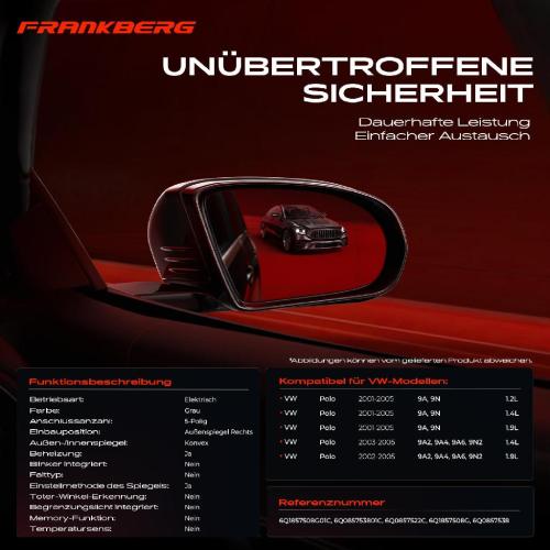 Frankberg 1x Außenspiegel Rechts für VW Polo 9A 9N 9A2 9A4 9A6 9N2 1.2L 1.4L 1.9L 2001-2005 Bild Frankberg 1x Außenspiegel Rechts für VW Polo 9A 9N 9A2 9A4 9A6 9N2 1.2L 1.4L 1.9L 2001-2005