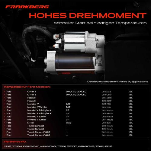 Frankberg 1x Anlasser Starter für Ford C-Max II Focus III Stufenheck Turnier Galaxy Grand Kuga Mondeo IV V Schrägheck Bild Frankberg 1x Anlasser Starter für Ford C-Max II Focus III Stufenheck Turnier Galaxy Grand Kuga Mondeo IV V Schrägheck