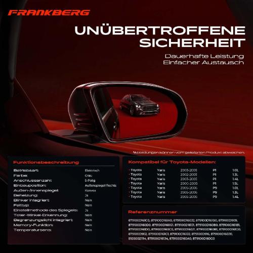 Frankberg 1x Außenspiegel Rechts für Toyota Yaris P1 P9 1.0L 1.3L 1.4L 1.5L 2000-2006 Bild Frankberg 1x Außenspiegel Rechts für Toyota Yaris P1 P9 1.0L 1.3L 1.4L 1.5L 2000-2006