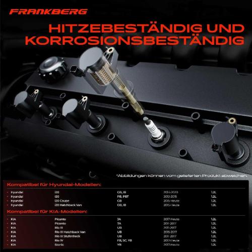 Frankberg 4x Zündspule Zündkerze für Hyundai i20 Coupe Hatchback Van KIA Picanto Rio III Stufenheck IV Stonic Bild Frankberg 4x Zündspule Zündkerze für Hyundai i20 Coupe Hatchback Van KIA Picanto Rio III Stufenheck IV Stonic
