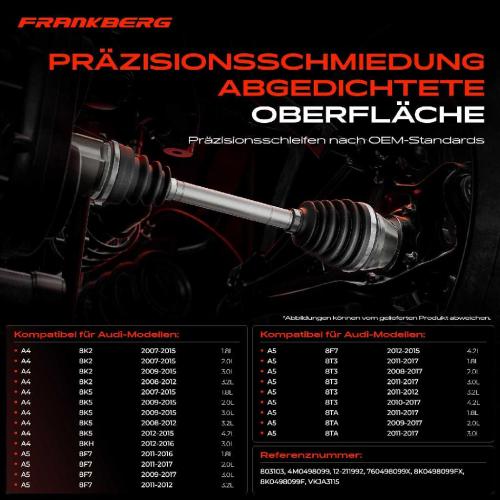 1x Antriebswelle Gelenksatz Vorderachse für Audi A4 8K2 8K5 A5 8T 8F A6 4G A7 A8 Q5 8RB Bild 1x Antriebswelle Gelenksatz Vorderachse für Audi A4 8K2 8K5 A5 8T 8F A6 4G A7 A8 Q5 8RB