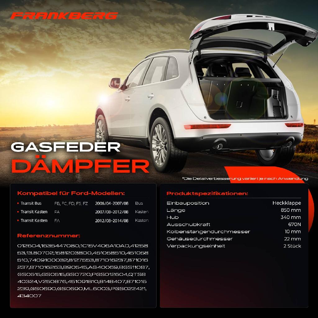 2x Gasfeder Dämpfer Heckklappe Ford Transit Bus FB FC FD FS FZ Kasten FA 2006-2014