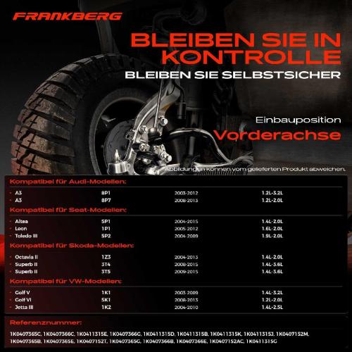 Frankberg 1x Querlenker Satz Vorderachse für VW Caddy MPV Kasten/MPV EOS Golf Plus V Variant VI Jetta Scirocco Touran Bild Frankberg 1x Querlenker Satz Vorderachse für VW Caddy MPV Kasten/MPV EOS Golf Plus V Variant VI Jetta Scirocco Touran