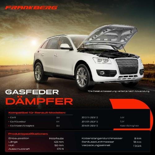 Frankberg 1x Gasfeder Dämpfer Motorhaube für Renault Clio IV Grandtour BH KH Kasten Schrägheck 2012-2023 Bild Frankberg 1x Gasfeder Dämpfer Motorhaube für Renault Clio IV Grandtour BH KH Kasten Schrägheck 2012-2023