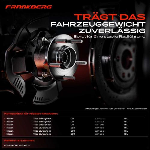Frankberg 1x Radnabe Radlagersatz Vorderachse beidseitig für Nissan Tiida Schrägheck Stufenheck 1.5L 1.6L 1.8L 2004-2012 Bild Frankberg 1x Radnabe Radlagersatz Vorderachse beidseitig für Nissan Tiida Schrägheck Stufenheck 1.5L 1.6L 1.8L 2004-2012