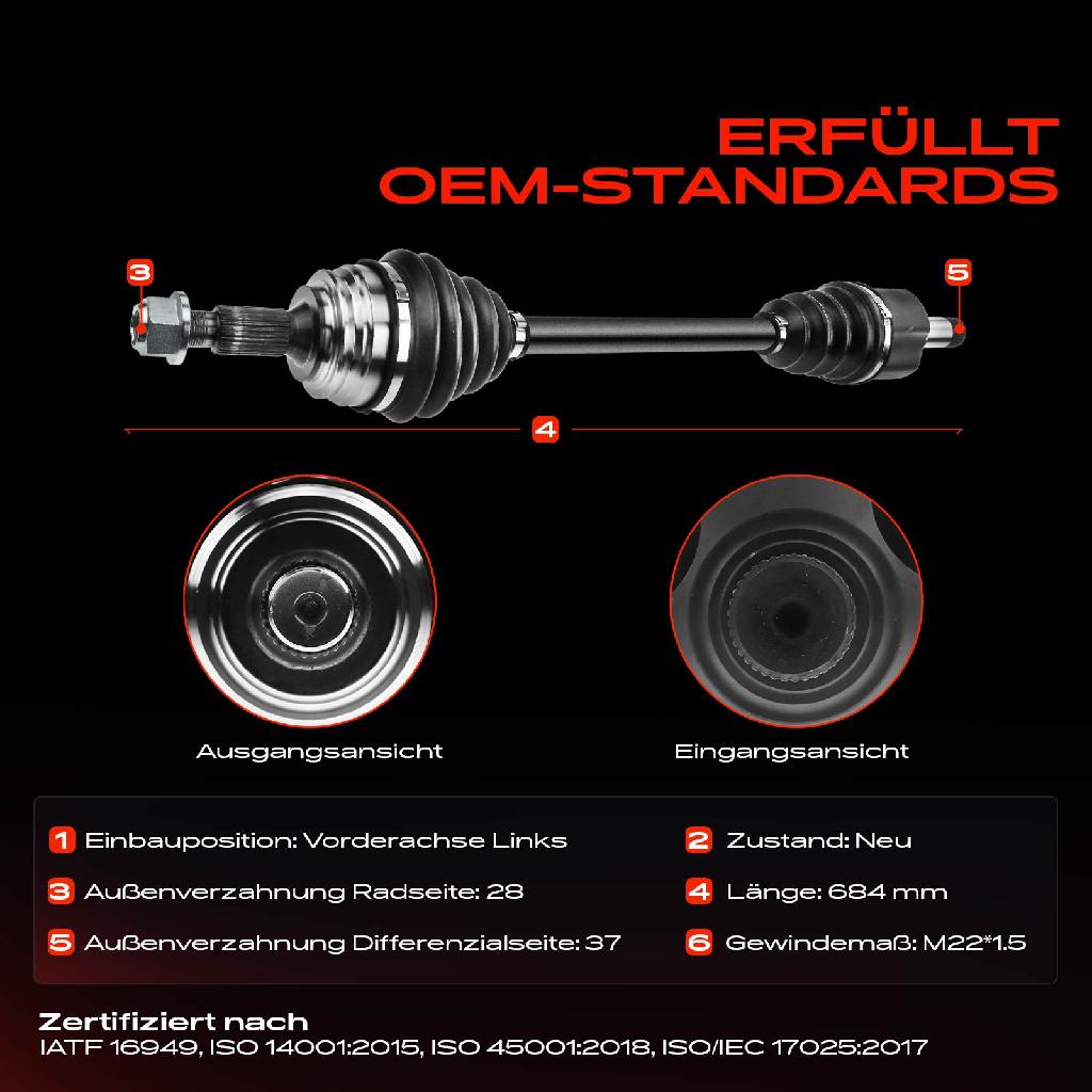 1x Antriebswelle Vorderachse Links für Opel Grandland X Citroën C4 Spacetourer Peugeot 3008 SUV