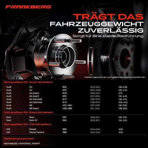 Frankberg 1x Radnabe Radlagersatz Vorderachse beidseitig für VW Passat Variant Audi A4 Avant Cabriolet A6 Seat Exeo ST Bild Frankberg 1x Radnabe Radlagersatz Vorderachse beidseitig für VW Passat Variant Audi A4 Avant Cabriolet A6 Seat Exeo ST