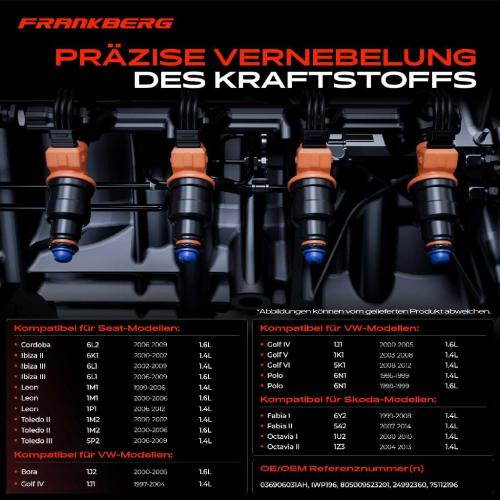 Frankberg 4x Einspritzventil Einspritzdüse für VW Polo 6N2 Golf Skoda Octavia Bild Frankberg 4x Einspritzventil Einspritzdüse für VW Polo 6N2 Golf Skoda Octavia