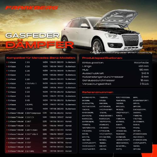 Frankberg 2x Gasfeder Dämpfer Motorhaube für Mercedes Benz E-Klasse T-Model W210 S210 Stufenheck Kombi 1995-2003 Bild Frankberg 2x Gasfeder Dämpfer Motorhaube für Mercedes Benz E-Klasse T-Model W210 S210 Stufenheck Kombi 1995-2003