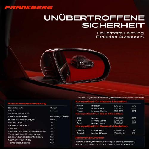Frankberg 1x Außenspiegel Rechts für Nissan Interstar Opel Movano Renault Master II X70 JD FD Bild Frankberg 1x Außenspiegel Rechts für Nissan Interstar Opel Movano Renault Master II X70 JD FD