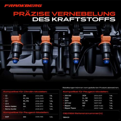 Frankberg 4x Einspritzventil Einspritzdüse für Citroën C2 C3 Peugeot 206 207 1.4L Bild Frankberg 4x Einspritzventil Einspritzdüse für Citroën C2 C3 Peugeot 206 207 1.4L
