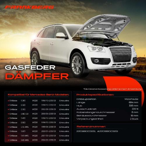 Frankberg 2x Gasfeder Dämpfer Motorhaube für Mercedes Benz S-Klasse W220 Limosine 1998-2005 Bild Frankberg 2x Gasfeder Dämpfer Motorhaube für Mercedes Benz S-Klasse W220 Limosine 1998-2005
