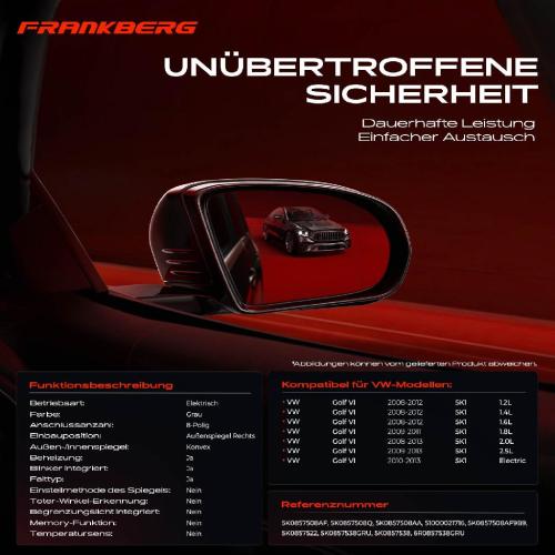 Frankberg 1x Außenspiegel Rechts für VW Golf VI 5K1 1.2L 1.4L 1.6L 1.8L 2.0L 2.5L 2008-2013 Bild Frankberg 1x Außenspiegel Rechts für VW Golf VI 5K1 1.2L 1.4L 1.6L 1.8L 2.0L 2.5L 2008-2013
