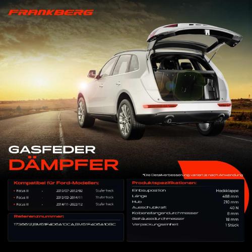 Frankberg 1x Gasfeder Dämpfer Heckklappe Ford Focus III Stufenheck 2010-2021 Bild Frankberg 1x Gasfeder Dämpfer Heckklappe Ford Focus III Stufenheck 2010-2021