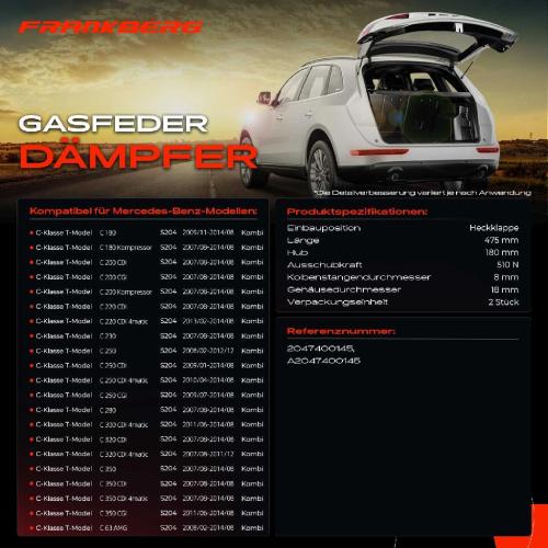 2x Gasfeder Dämpfer Heckklappe für Mercedes-Benz C-Klasse T-Model S204 Kombi 2007-2014 Bild 2x Gasfeder Dämpfer Heckklappe für Mercedes-Benz C-Klasse T-Model S204 Kombi 2007-2014