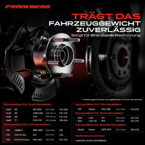 Frankberg 1x Radnabe Radlagersatz Vorderachse beidseitig für VW Golf Alltrack VIII Passat Tiguan Allspace Touran T-ROC Bild Frankberg 1x Radnabe Radlagersatz Vorderachse beidseitig für VW Golf Alltrack VIII Passat Tiguan Allspace Touran T-ROC
