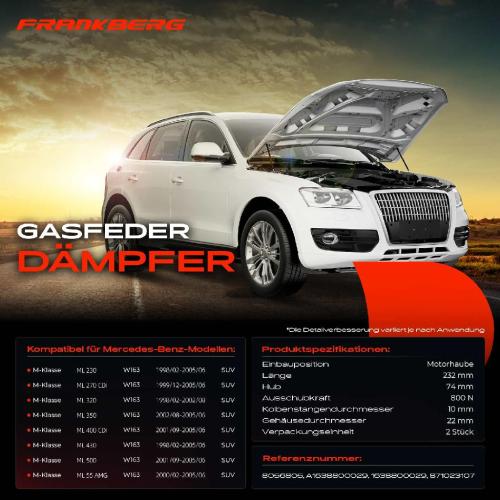Frankberg 2x Gasfeder Dämpfer Motorhaube für Mercedes-Benz M-Klasse W163 W163 1998-2005 Bild Frankberg 2x Gasfeder Dämpfer Motorhaube für Mercedes-Benz M-Klasse W163 W163 1998-2005