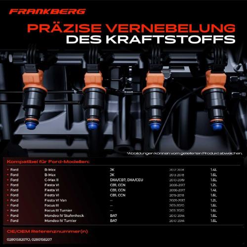 Frankberg 4x Einspritzventil Einspritzdüse für Ford Fiesta VI Focus III Mondeo IV Bild Frankberg 4x Einspritzventil Einspritzdüse für Ford Fiesta VI Focus III Mondeo IV