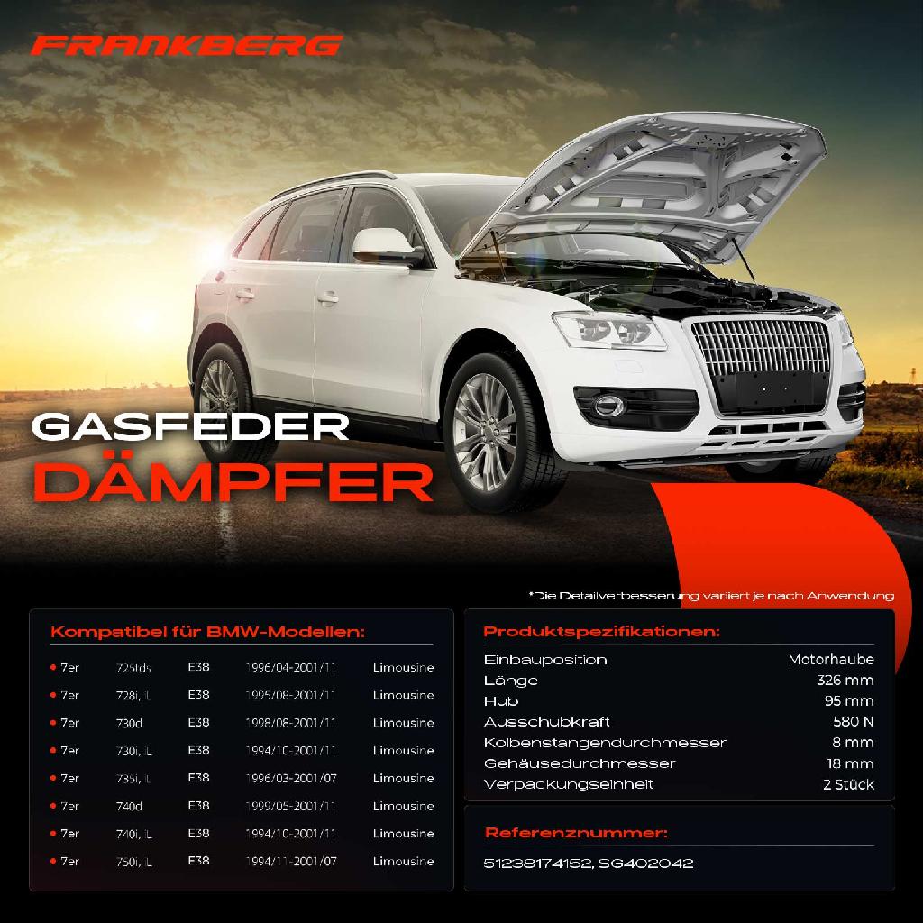 2x Gasfeder Dämpfer Motorhaube für BMW 7er E38 Stufenheck 1994-2001