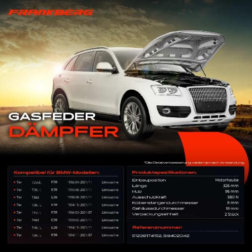 Frankberg 2x Gasfeder Dämpfer Motorhaube für BMW 7er E38 Stufenheck 1994-2001 Bild Frankberg 2x Gasfeder Dämpfer Motorhaube für BMW 7er E38 Stufenheck 1994-2001