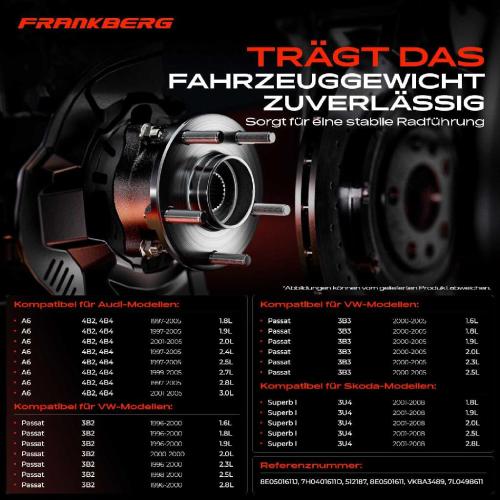 Frankberg 1x Radnabe Radlagersatz Hinterachse beidseitig für VW Passat Variant Audi A6 Avant Skoda Superb I Bild Frankberg 1x Radnabe Radlagersatz Hinterachse beidseitig für VW Passat Variant Audi A6 Avant Skoda Superb I