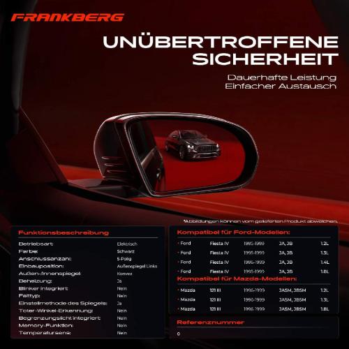 Frankberg 1x Außenspiegel Links für Ford Fiesta IV JA JB Mazda 121 III JASM JBSM 1995-2003 Bild Frankberg 1x Außenspiegel Links für Ford Fiesta IV JA JB Mazda 121 III JASM JBSM 1995-2003