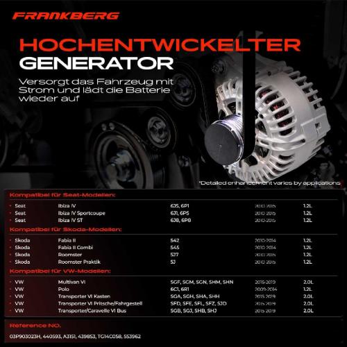 Frankberg 1x Lichtmaschine Generator f r VW Polo T6 Skoda Fabia 2 Seat Ibza 4 1.2L 2.0L Bild Frankberg 1x Lichtmaschine Generator f r VW Polo T6 Skoda Fabia 2 Seat Ibza 4 1.2L 2.0L
