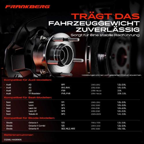 Frankberg 1x Radnabe Radlagersatz Vorderachse beidseitig für Audi A3 Cabriolet Limousine Sportback Q2 Q3 TT Seat Skoda Bild Frankberg 1x Radnabe Radlagersatz Vorderachse beidseitig für Audi A3 Cabriolet Limousine Sportback Q2 Q3 TT Seat Skoda