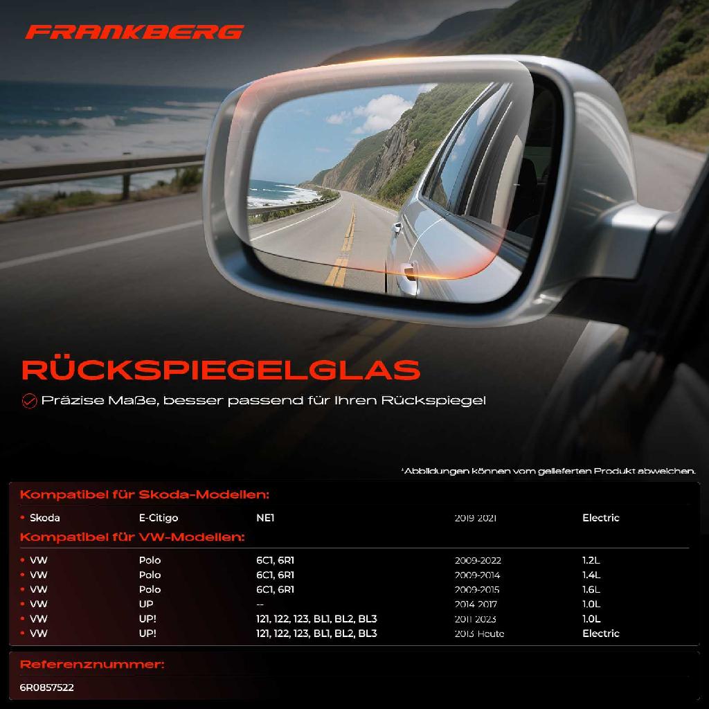 1x Spiegelglas Außenspiegel rechts für VW Polo 6C1 6R1 UP! 121 122 123 BL