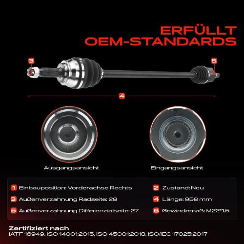 1x Antriebswelle Vorderachse Rechts für Jeep Patriot MK74 Compass MK49 2006-2017 Dodge Caliber Bild 1x Antriebswelle Vorderachse Rechts für Jeep Patriot MK74 Compass MK49 2006-2017 Dodge Caliber