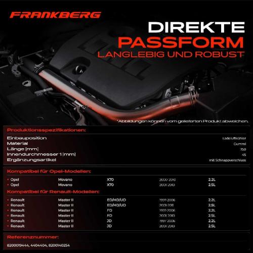 Frankberg 1x Kühlerschlauch Turboschlauch für Opel Movano Combi Kasten Pritsche/Fahrgestell Renault Master II Bus II II Bild Frankberg 1x Kühlerschlauch Turboschlauch für Opel Movano Combi Kasten Pritsche/Fahrgestell Renault Master II Bus II II