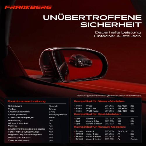 Frankberg 1x Außenspiegel Rechts für Nissan NV400 X62B Opel Movano X62 Renault Master Bj ab 2010 Bild Frankberg 1x Außenspiegel Rechts für Nissan NV400 X62B Opel Movano X62 Renault Master Bj ab 2010