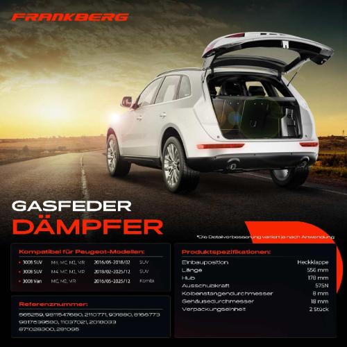 Frankberg 2x Gasfeder Dämpfer Heckklappe für Peugeot 3008 M4 MC MJ MR SUV Van Bj ab 2016 Bild Frankberg 2x Gasfeder Dämpfer Heckklappe für Peugeot 3008 M4 MC MJ MR SUV Van Bj ab 2016