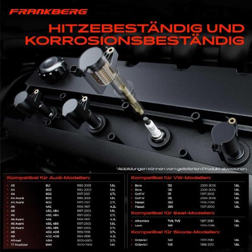 Frankberg 4x Zündmodul Zündspule für VW Bora Variant Golf IV Passat Sharan Audi A3 A4 Avant A6 A8 Allroad TT Roadster Bild Frankberg 4x Zündmodul Zündspule für VW Bora Variant Golf IV Passat Sharan Audi A3 A4 Avant A6 A8 Allroad TT Roadster