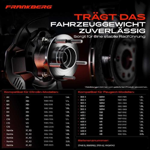 Frankberg 2x Radnabe Radlagersatz Hinterachse beidseitig für Citroën AX BX Break C15 Kombi Xantia Peugeot 305 II 405 I Bild Frankberg 2x Radnabe Radlagersatz Hinterachse beidseitig für Citroën AX BX Break C15 Kombi Xantia Peugeot 305 II 405 I