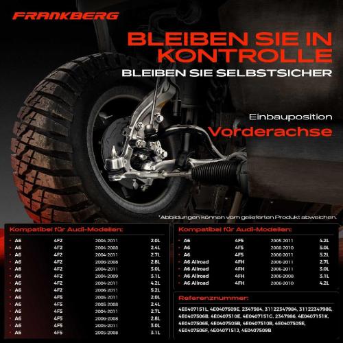 Frankberg 1x Querlenker Satz Vorderachse für Audi A6 Allroad Avant 2.0L 2.4L 2.7L 2.8L 3.0L 3.1L 4.2L 5.2L 5.0L 2004-2011 Bild Frankberg 1x Querlenker Satz Vorderachse für Audi A6 Allroad Avant 2.0L 2.4L 2.7L 2.8L 3.0L 3.1L 4.2L 5.2L 5.0L 2004-2011