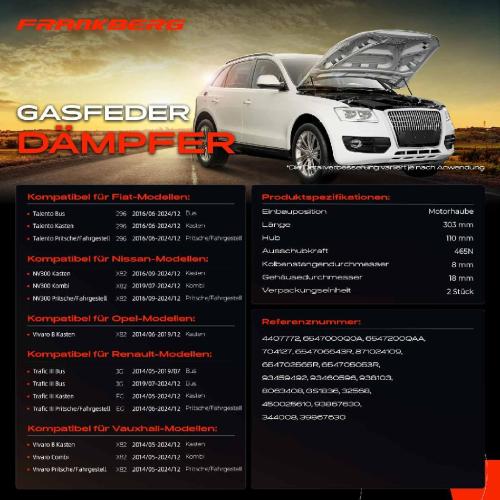 Frankberg 2x Gasfeder Dämpfer Motorhaube für Fiat Talento Nissan NV300 Opel Vivaro Renault Trafic Bj ab 2014 Bild Frankberg 2x Gasfeder Dämpfer Motorhaube für Fiat Talento Nissan NV300 Opel Vivaro Renault Trafic Bj ab 2014