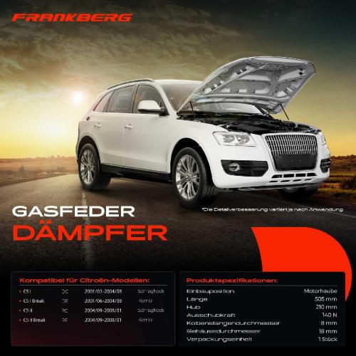 Frankberg 1x Gasfeder Dämpfer Motorhaube für Citroën C5 I DC C5 II DE RC RE Schrägheck Kombi2001-2008 Bild Frankberg 1x Gasfeder Dämpfer Motorhaube für Citroën C5 I DC C5 II DE RC RE Schrägheck Kombi2001-2008