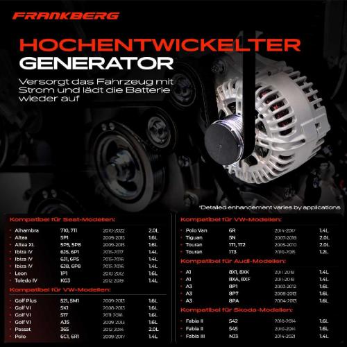 Frankberg 1x Lichtmaschine Generator für VW Golf VI Polo Audi A1 A3 Q3 Skoda Rapid Seat Bild Frankberg 1x Lichtmaschine Generator für VW Golf VI Polo Audi A1 A3 Q3 Skoda Rapid Seat