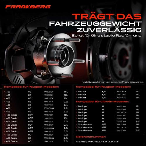 Frankberg 1x Radnabe Radlagersatz Hinterachse beidseitig für Citroën Berlingo/Berlingo First MPV Xsara Picasso Peugeot Bild Frankberg 1x Radnabe Radlagersatz Hinterachse beidseitig für Citroën Berlingo/Berlingo First MPV Xsara Picasso Peugeot