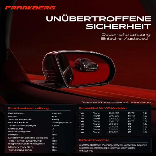 Frankberg 1x Außenspiegel Rechts für VW Touran 1T1 1T2 1T3 1.4L 1.6L 1.9L 2.0L 1.2L 2009-2015 Bild Frankberg 1x Außenspiegel Rechts für VW Touran 1T1 1T2 1T3 1.4L 1.6L 1.9L 2.0L 1.2L 2009-2015