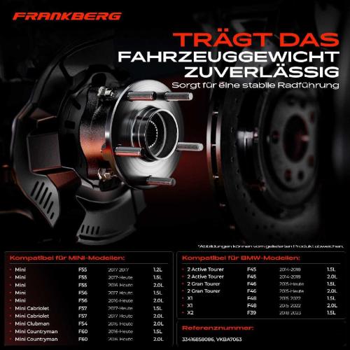 Frankberg 1x Radnabe Radlagersatz Hinterachse beidseitig für BMW F45 F46 F48 F39 MINI F55 F56 F57 F54 F60 Bild Frankberg 1x Radnabe Radlagersatz Hinterachse beidseitig für BMW F45 F46 F48 F39 MINI F55 F56 F57 F54 F60