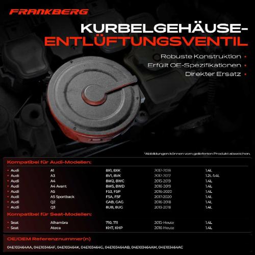 Frankberg 1x Ventil Kurbelgehäusentlüftung für VW Golf VII Passat Audi A3 A4 Seat Leon Bild Frankberg 1x Ventil Kurbelgehäusentlüftung für VW Golf VII Passat Audi A3 A4 Seat Leon
