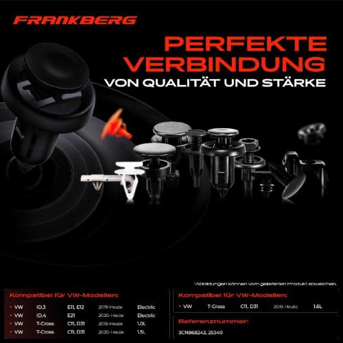 Frankberg 20x Befestigungsclips Hinten Stoßstange für VW ID.3 E11 ID.4 E21 T-Cross C11 Bild Frankberg 20x Befestigungsclips Hinten Stoßstange für VW ID.3 E11 ID.4 E21 T-Cross C11