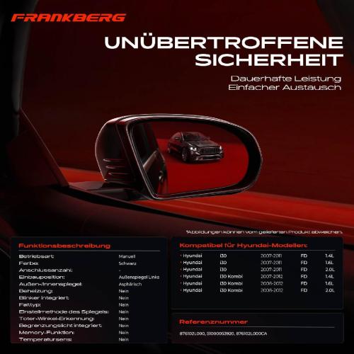 Frankberg 1x Außenspiegel Links für Hyundai i30 i30 Kombi FD 1.4L 1.6L 2.0L 2007-2012 Bild Frankberg 1x Außenspiegel Links für Hyundai i30 i30 Kombi FD 1.4L 1.6L 2.0L 2007-2012