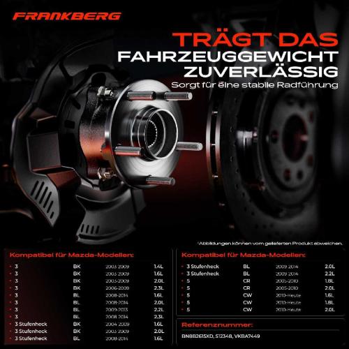 Frankberg 1x Radnabe Radlagersatz Hinterachse beidseitig für Mazda 3 Stufenheck 5 1.4L 1.6L Bj ab 2003 Bild Frankberg 1x Radnabe Radlagersatz Hinterachse beidseitig für Mazda 3 Stufenheck 5 1.4L 1.6L Bj ab 2003